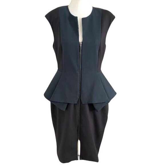 TED BAKER JUMANA BLACK FOREST GREEN COLORBLOCK PEPLUM ZIP UP MIDI DRESS - M - Picture 2 of 10